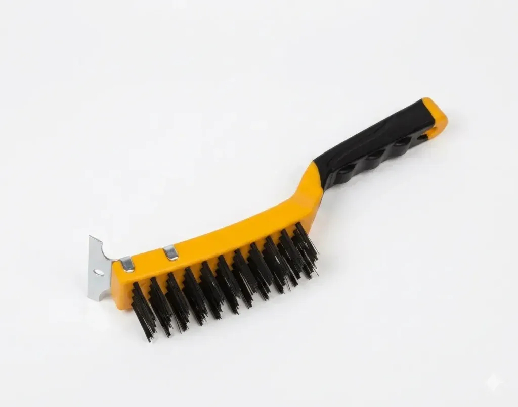 Industrial wire brush with steel scraper for heavy-duty rust removal