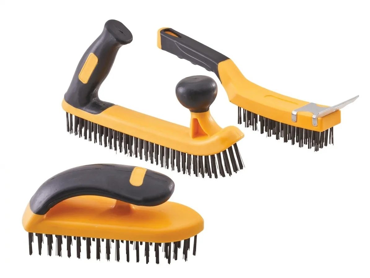 Professional industrial wire brush set with ergonomic handle and heavy-duty steel scraper for rust removal and welding cleanup